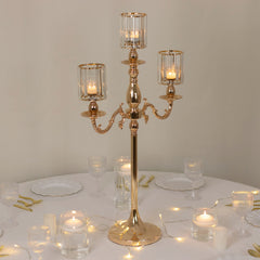 Gold Metal 3-Arm Candelabra with Crystal Pendant Glass Shades – 34" Tall Candle Holder for Pillar, LED, and Flameless Candles