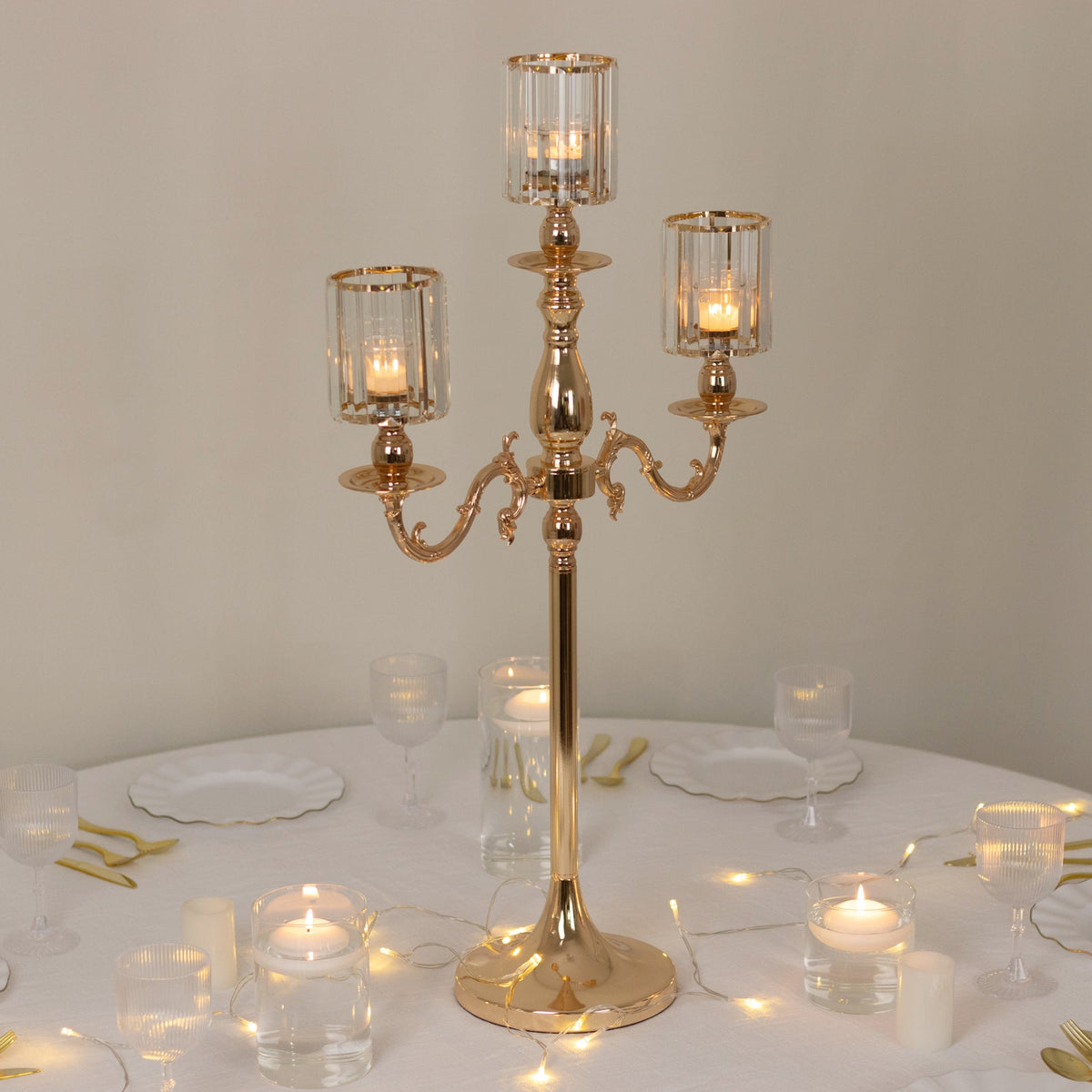 Gold Metal 3-Arm Candelabra with Crystal Pendant Glass Shades – 34" Tall Candle Holder for Pillar, LED, and Flameless Candles